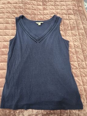Banana Republic Navy Blue V-Neck Sleeveless Tank with Lattice Trim